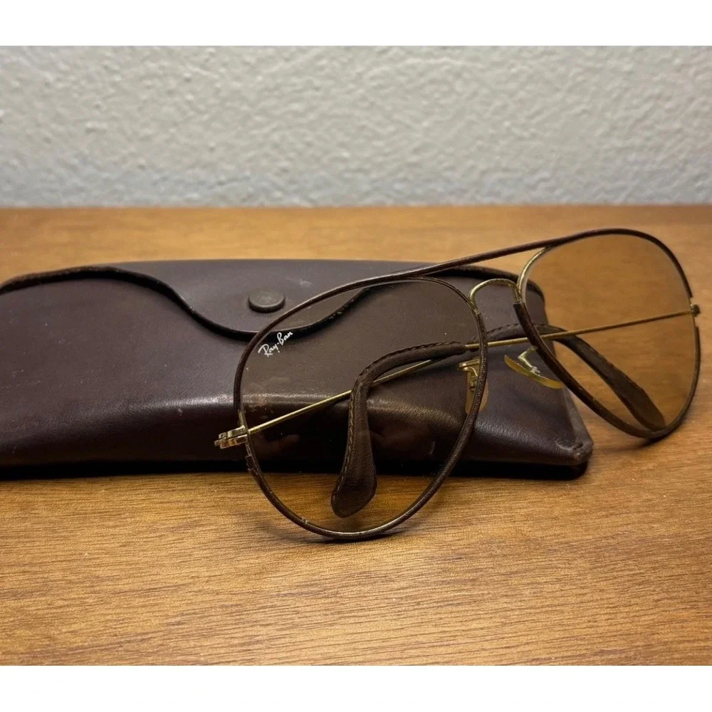 Ray Ban B&L  Aviator Sunglasses 62[]14mm Brown Leathers Trim/Gold UV